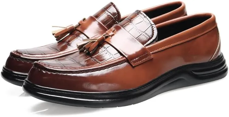 Santimon Men's Crocodile Print Tassel Loafers Slip-On Leather Shoes Comfortable Dress Casual Mocassin Driving Shoe