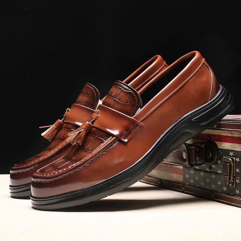 Santimon Men's Crocodile Print Tassel Loafers Slip-On Leather Shoes Comfortable Dress Casual Mocassin Driving Shoe
