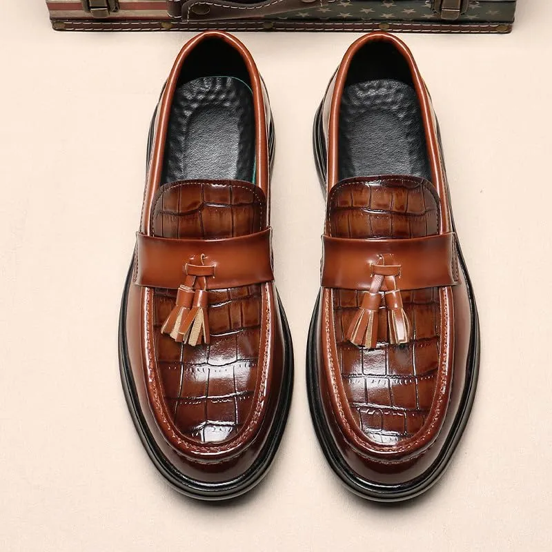 Santimon Men's Crocodile Print Tassel Loafers Slip-On Leather Shoes Comfortable Dress Casual Mocassin Driving Shoe