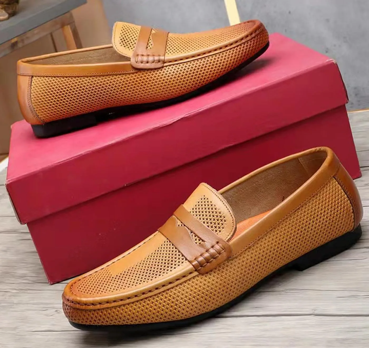 Santimon Men's Dress Loafers Leather Shoes - Classic Penny Loafers for Work, Casual-Non-Slip, Comfortable Walking Shoes-Breathable Hollow Design Mocasines