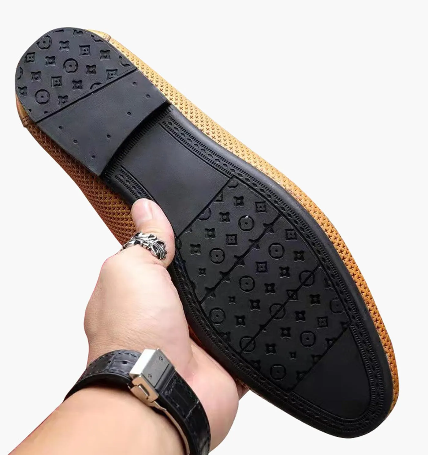 Santimon Men's Dress Loafers Leather Shoes - Classic Penny Loafers for Work, Casual-Non-Slip, Comfortable Walking Shoes-Breathable Hollow Design Mocasines