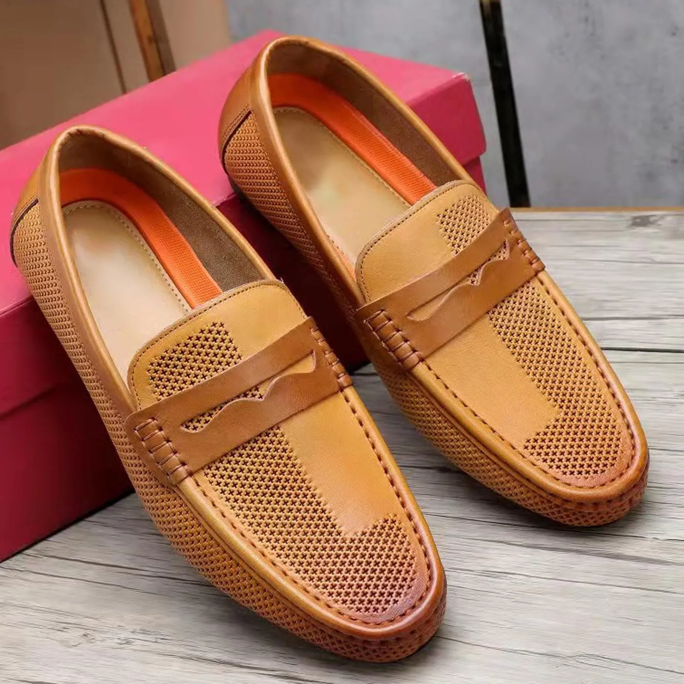 Santimon Men's Dress Loafers Leather Shoes - Classic Penny Loafers for Work, Casual-Non-Slip, Comfortable Walking Shoes-Breathable Hollow Design Mocasines