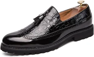 Santimon Men's Wingtip Brogue Crocodile Printed Faux Leather Loafers with Tassels, Two-Toned, Low Heel Slip On Shoes