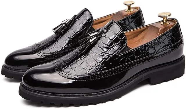 Santimon Men's Wingtip Brogue Crocodile Printed Faux Leather Loafers with Tassels, Two-Toned, Low Heel Slip On Shoes