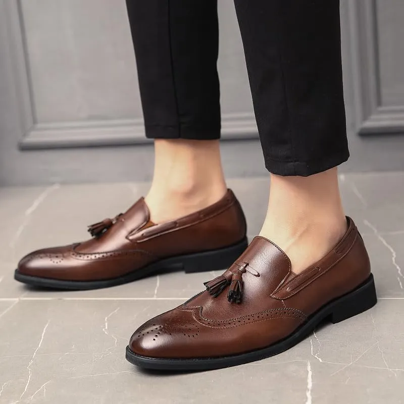 Santimon Mens Wingtip Tassel Loafers Wedding Dress Shoes Slip-On Brogues Loafers for Men Tuxedo Suit Shoes