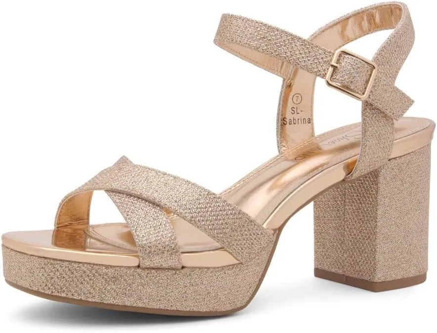 Shoe Land SL-Sabrina Women's Platform Heels, 3-Inch Chunky Block Heeled Sandals, Square Open Toe Ankle Strappy Dressy Heels for Prom, Wedding, Party, and Evening