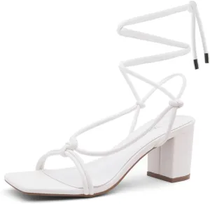 Shoe Land SL-Sweets Women's Lace-Up Chunky Low Heels, Strappy Ankle Wrap Tie-Up Block Short Heels – Semi-Casual Heeled Sandals for Prom Wedding and Party