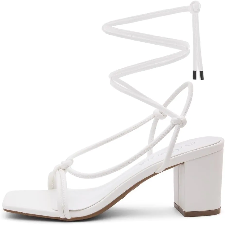 Shoe Land SL-Sweets Women's Lace-Up Chunky Low Heels, Strappy Ankle Wrap Tie-Up Block Short Heels – Semi-Casual Heeled Sandals for Prom Wedding and Party