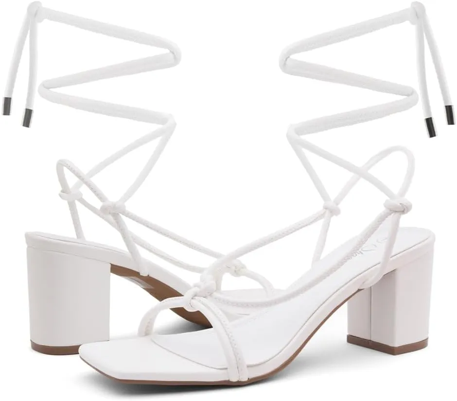 Shoe Land SL-Sweets Women's Lace-Up Chunky Low Heels, Strappy Ankle Wrap Tie-Up Block Short Heels – Semi-Casual Heeled Sandals for Prom Wedding and Party