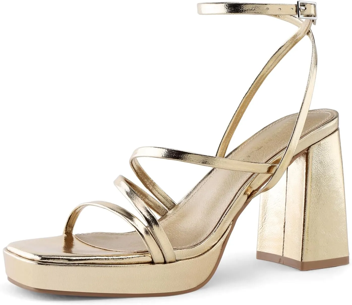 Shoe'N Tale Platform Heels for Women Strappy Block Chunky Heels Square Toe Ankle Buckle Sandals