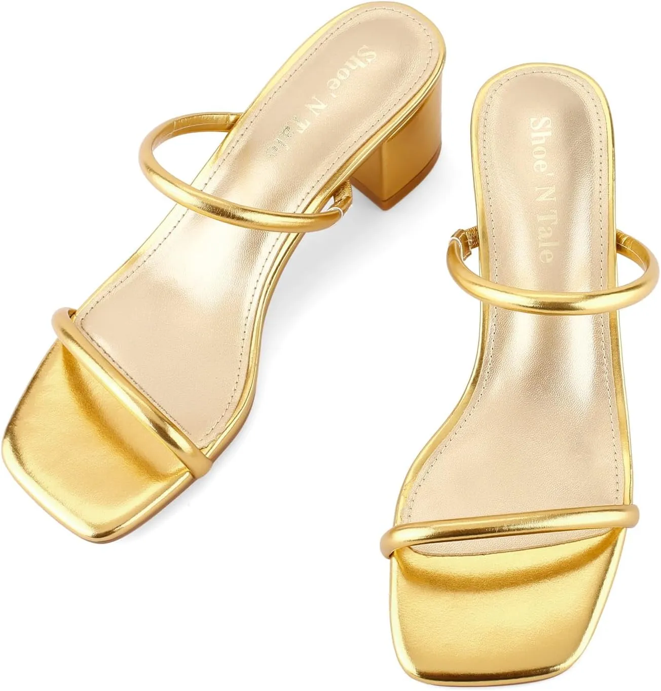 Shoe'N Tale Strappy Heels for Women Square Open Toe Two Strap Low Block Heel Slip on Dressy Sandals Shoes