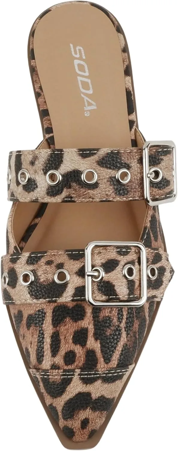 Soda Usual ~ Women Pointed Toe Slip-On Low Heel Mule with Buckle Straps
