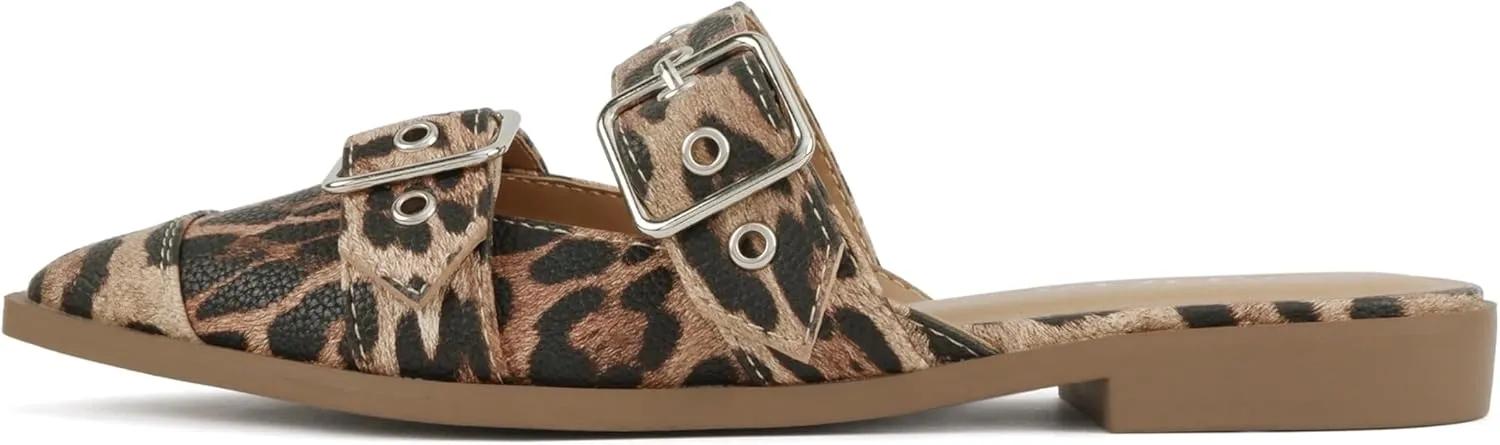 Soda Usual ~ Women Pointed Toe Slip-On Low Heel Mule with Buckle Straps
