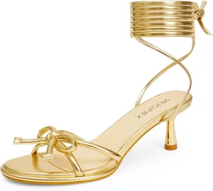 Strappy Heels Bow Tie Kitten Heels for Women Lace up Sandals Rounded Toe Party Dressy Prom Shoes