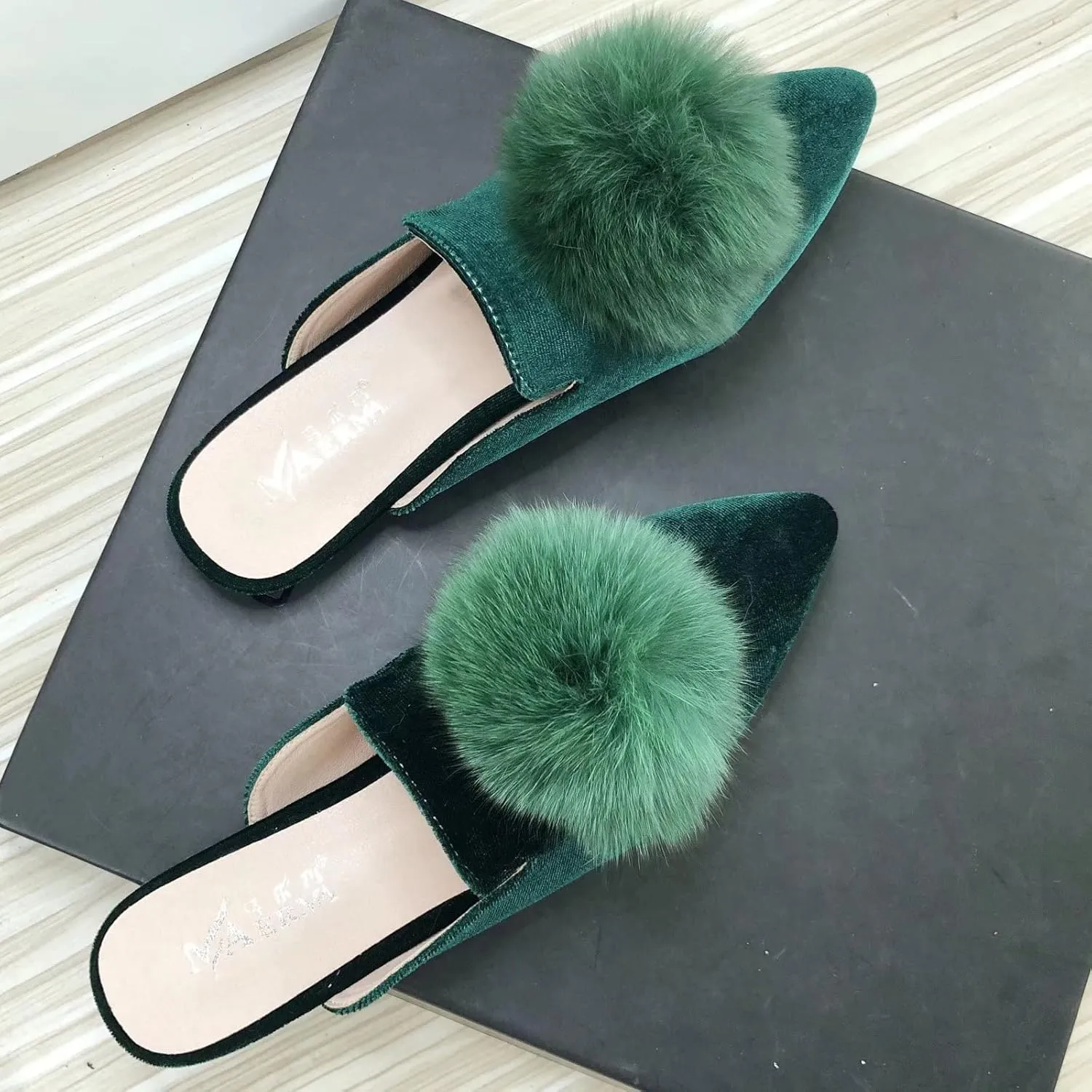 Stunner Women's Pointed Toe Mules Casual Satin Slip on Loafers Backless Mule Slides with Pompom Decoration