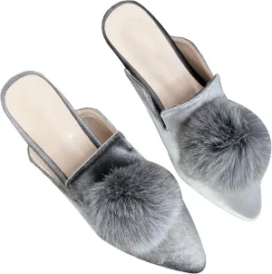 Stunner Women's Pointed Toe Mules Casual Satin Slip on Loafers Backless Mule Slides with Pompom Decoration