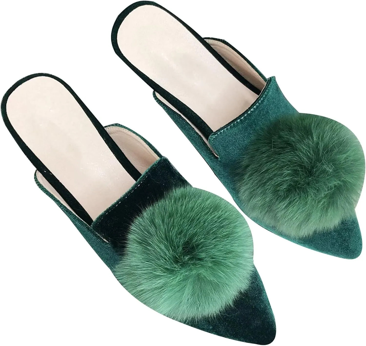 Stunner Women's Pointed Toe Mules Casual Satin Slip on Loafers Backless Mule Slides with Pompom Decoration