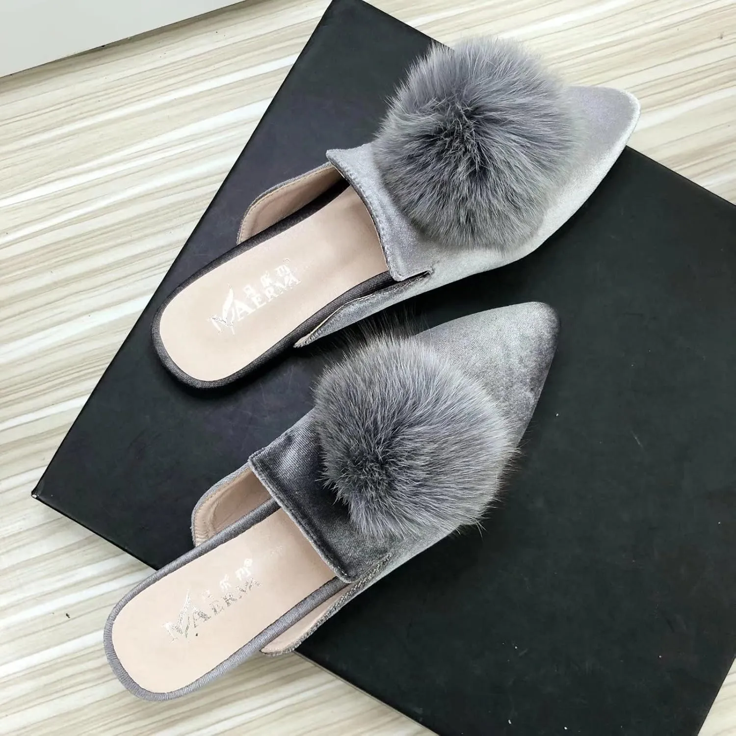Stunner Women's Pointed Toe Mules Casual Satin Slip on Loafers Backless Mule Slides with Pompom Decoration