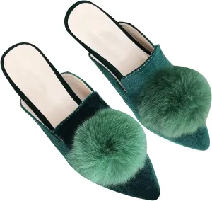Stunner Women's Pointed Toe Mules Casual Satin Slip on Loafers Backless Mule Slides with Pompom Decoration