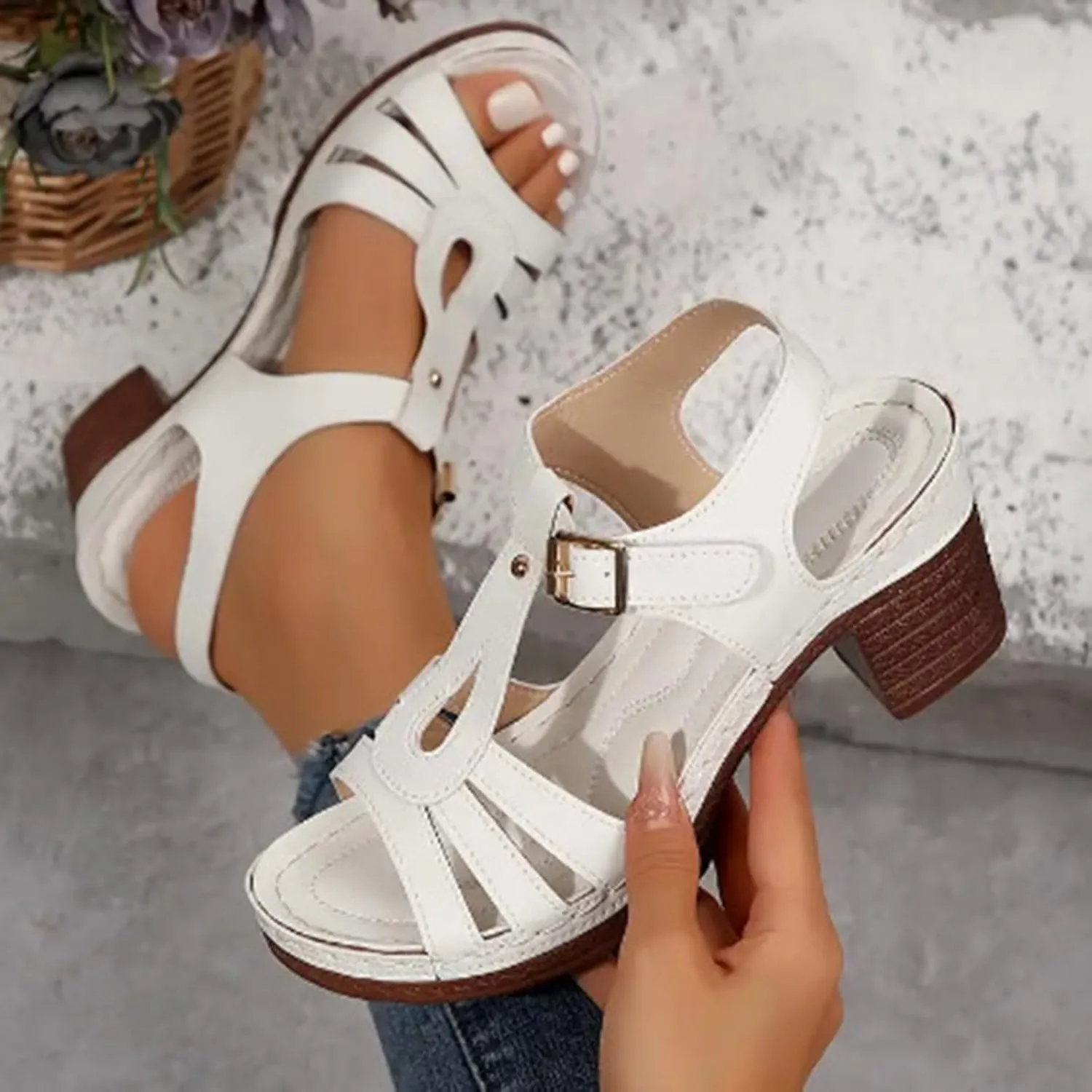 Summer Chunky Block Heels Sandals for Women2025 Open Toe Solid Color Hollow Classic Casual Fashionable High Heels Shoes Comfortable Backless Mules Adjustable Slide Walking Shoes