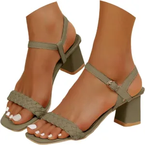 Summer Low Chunky Block Heeled Sandals for Women 2025 Square Open Toe Solid Color Casual Fashionable Woven High Heeled Sandals Spring Summer Wedding Party Dress Shoes
