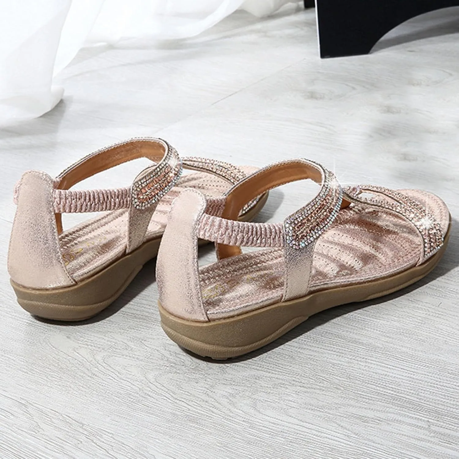 Summer Sandals For Women 2025,Women’s Flat Sandals,Comfort Elastic Strap Rhinestone Open Toe Slip-On Casual T-Strap Bohe Pearl Crystal Womens Ankle Comfortable Beach Shoes for Wedding Holiday Outdoor