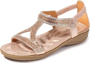 Summer Sandals For Women 2025,Women’s Flat Sandals,Comfort Elastic Strap Rhinestone Open Toe Slip-On Casual T-Strap Bohe Pearl Crystal Womens Ankle Comfortable Beach Shoes for Wedding Holiday Outdoor
