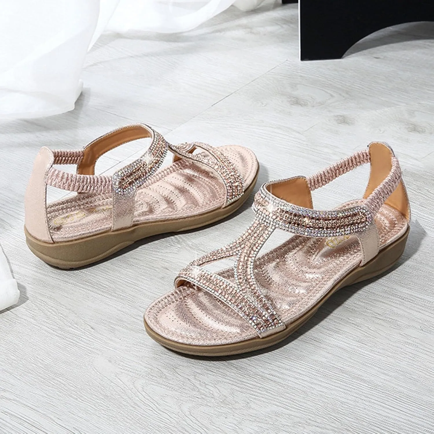 Summer Sandals For Women 2025,Women’s Flat Sandals,Comfort Elastic Strap Rhinestone Open Toe Slip-On Casual T-Strap Bohe Pearl Crystal Womens Ankle Comfortable Beach Shoes for Wedding Holiday Outdoor