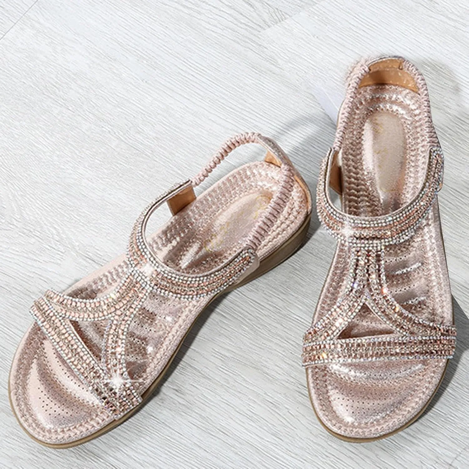 Summer Sandals For Women 2025,Women’s Flat Sandals,Comfort Elastic Strap Rhinestone Open Toe Slip-On Casual T-Strap Bohe Pearl Crystal Womens Ankle Comfortable Beach Shoes for Wedding Holiday Outdoor