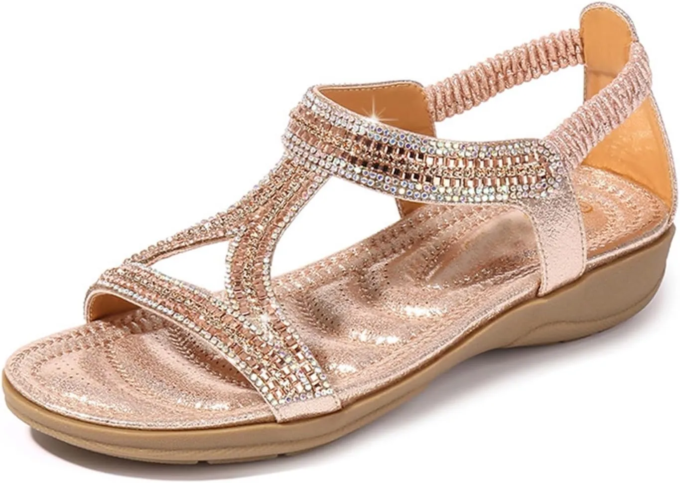 Summer Sandals For Women 2025,Women’s Flat Sandals,Comfort Elastic Strap Rhinestone Open Toe Slip-On Casual T-Strap Bohe Pearl Crystal Womens Ankle Comfortable Beach Shoes for Wedding Holiday Outdoor
