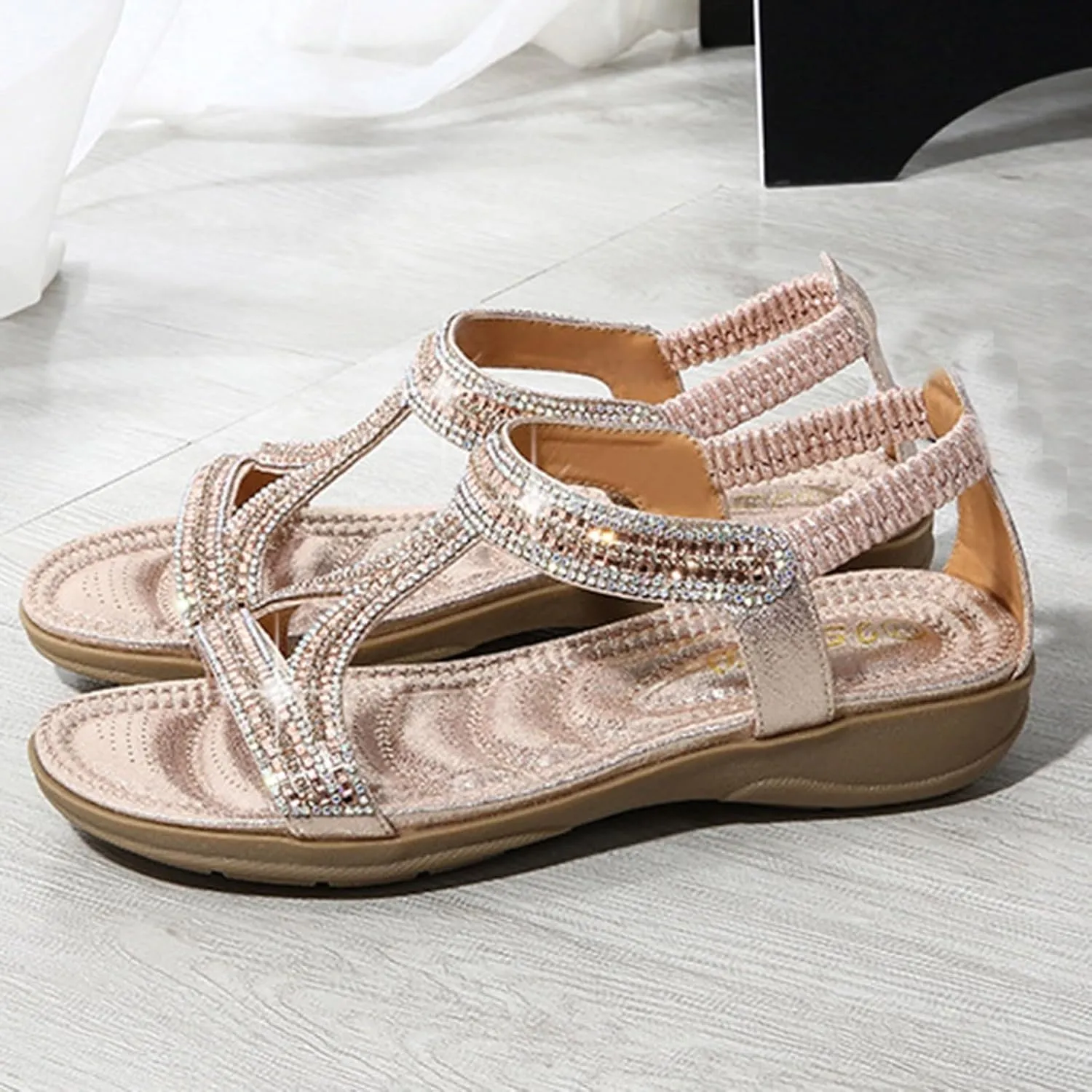 Summer Sandals For Women 2025,Women’s Flat Sandals,Comfort Elastic Strap Rhinestone Open Toe Slip-On Casual T-Strap Bohe Pearl Crystal Womens Ankle Comfortable Beach Shoes for Wedding Holiday Outdoor