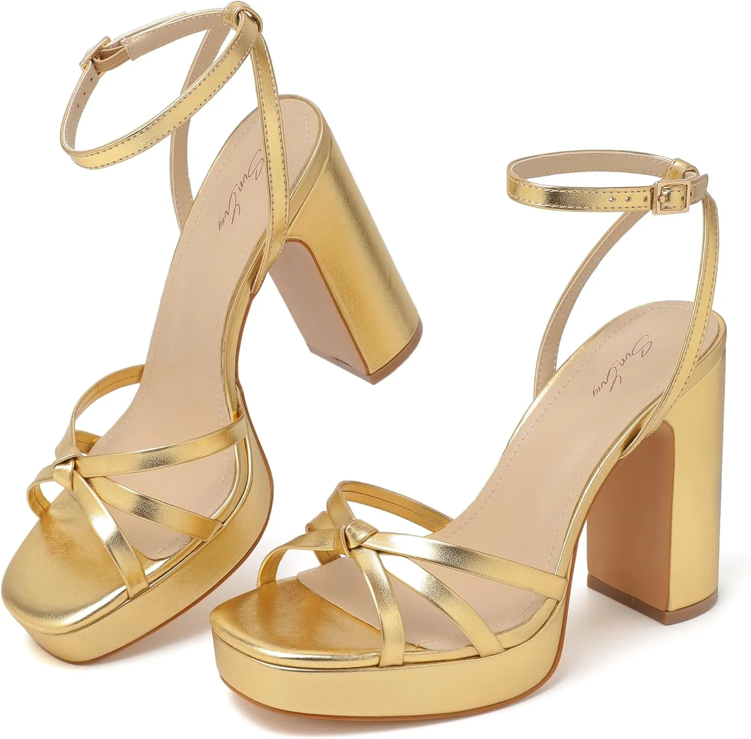 sun gurg Strappy Platform Heels for Women Square Open Toe Chunky High Heels Multicolored Ankle Strap Block Heeled Sandals for Prom Wedding Date Night