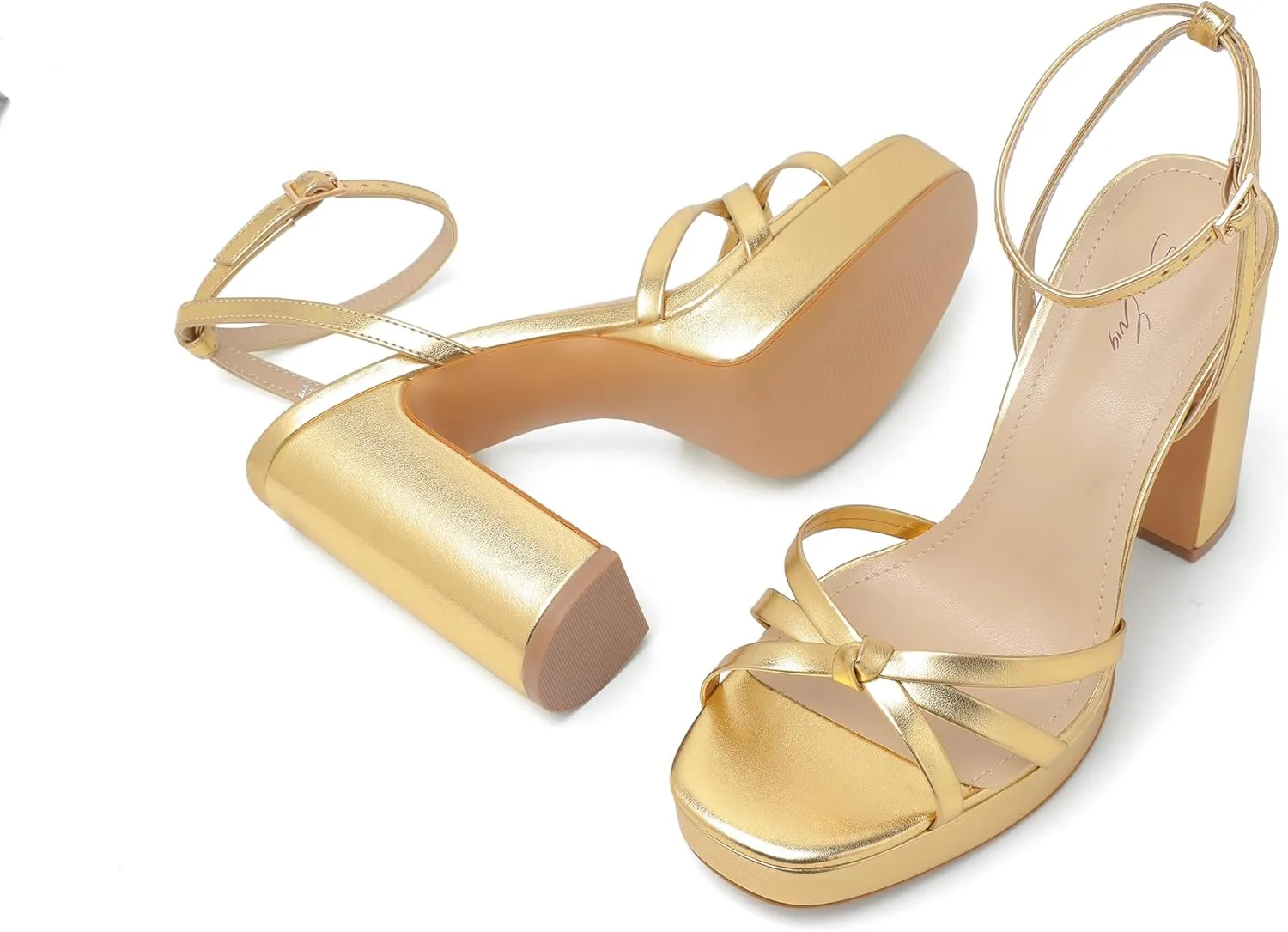 sun gurg Strappy Platform Heels for Women Square Open Toe Chunky High Heels Multicolored Ankle Strap Block Heeled Sandals for Prom Wedding Date Night