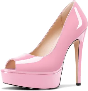 TNYNFBEB Peep Open Toe Stiletto High Platform Heel Pumps Slip-on Prom Party Dress Patent Leather 5.3 Inches Heels