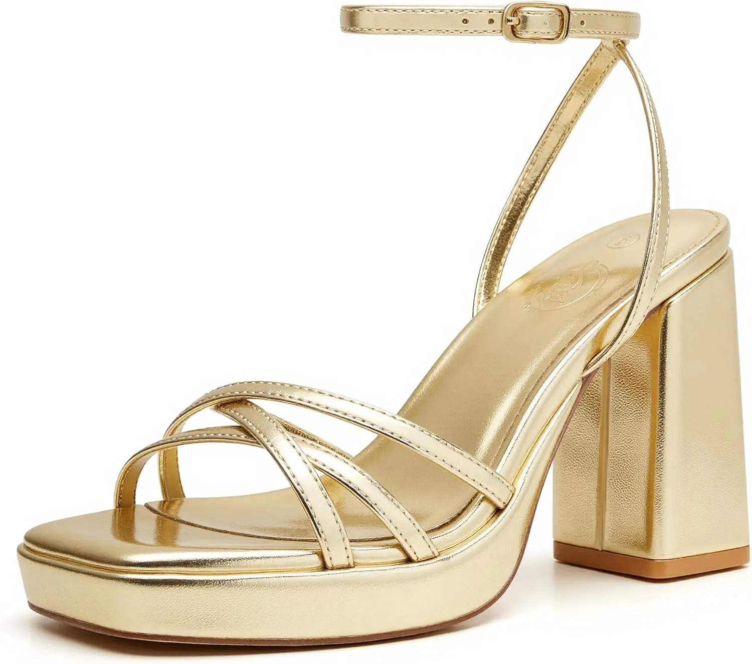 Trary Gold & White Heels - Square Toe, 3 inch Platform, Strappy & Block Heels for Wide Feet, Ankle Strap Y2k Shoes for Prom