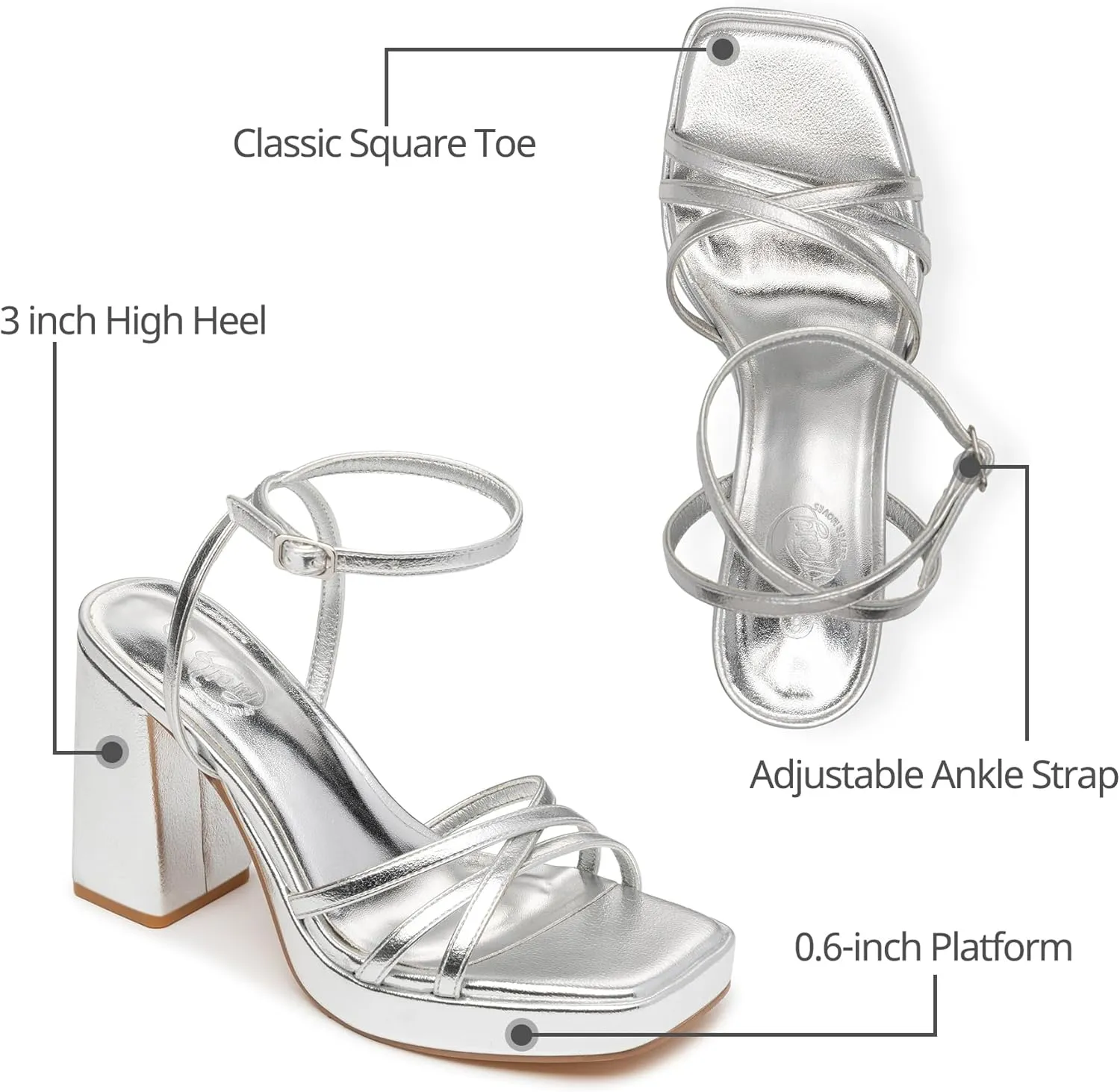 Trary Gold & White Heels - Square Toe, 3 inch Platform, Strappy & Block Heels for Wide Feet, Ankle Strap Y2k Shoes for Prom