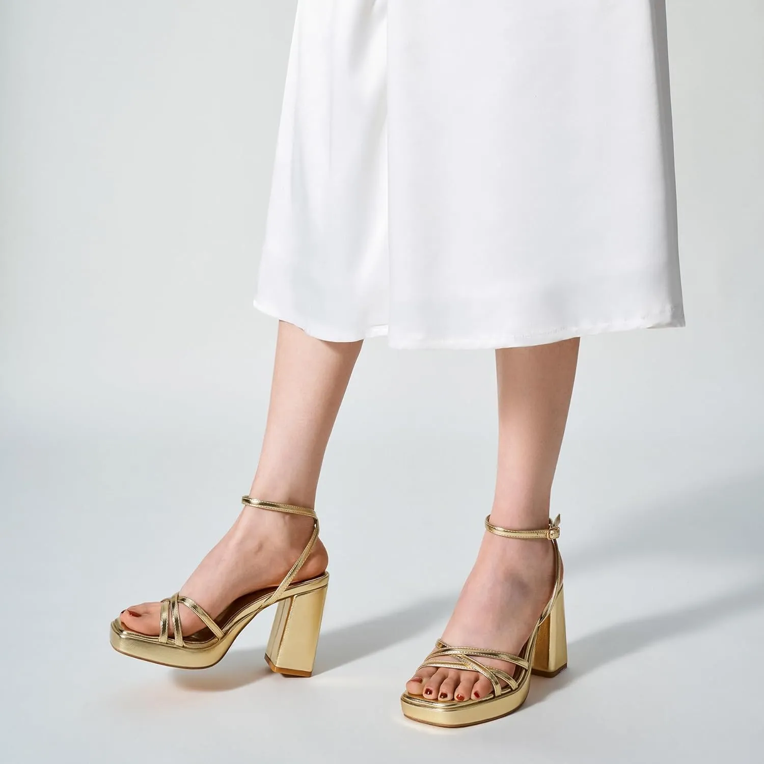 Trary Gold & White Heels - Square Toe, 3 inch Platform, Strappy & Block Heels for Wide Feet, Ankle Strap Y2k Shoes for Prom