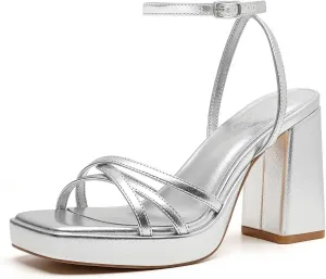 Trary Gold & White Heels - Square Toe, 3 inch Platform, Strappy & Block Heels for Wide Feet, Ankle Strap Y2k Shoes for Prom
