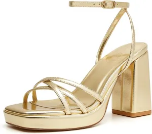 Trary Gold & White Heels - Square Toe, 3 inch Platform, Strappy & Block Heels for Wide Feet, Ankle Strap Y2k Shoes for Prom