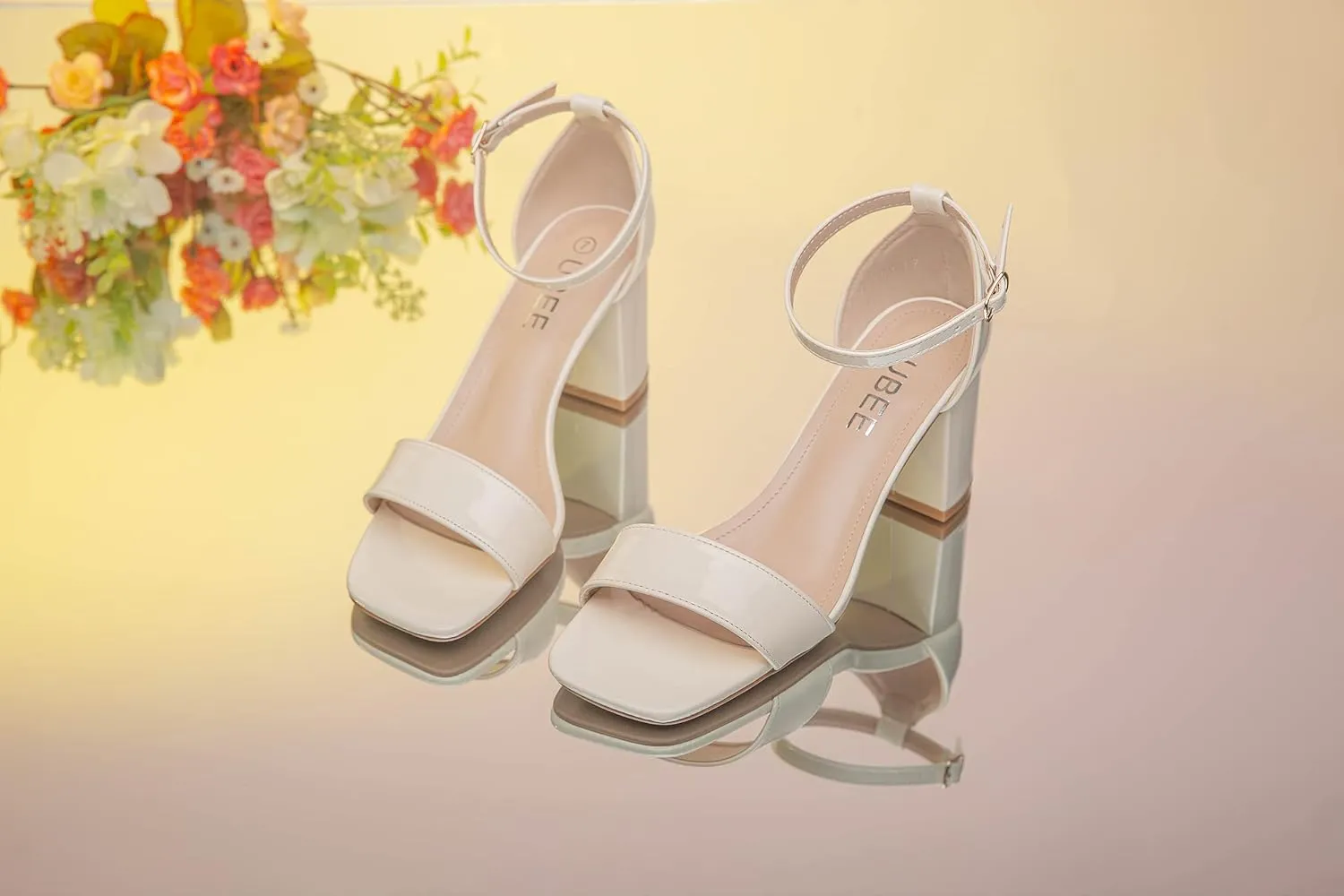 UBEE Nude High Heels Women's open toe ankle strap Thick heel Pump Sandals Party wedding Buckle Sandals