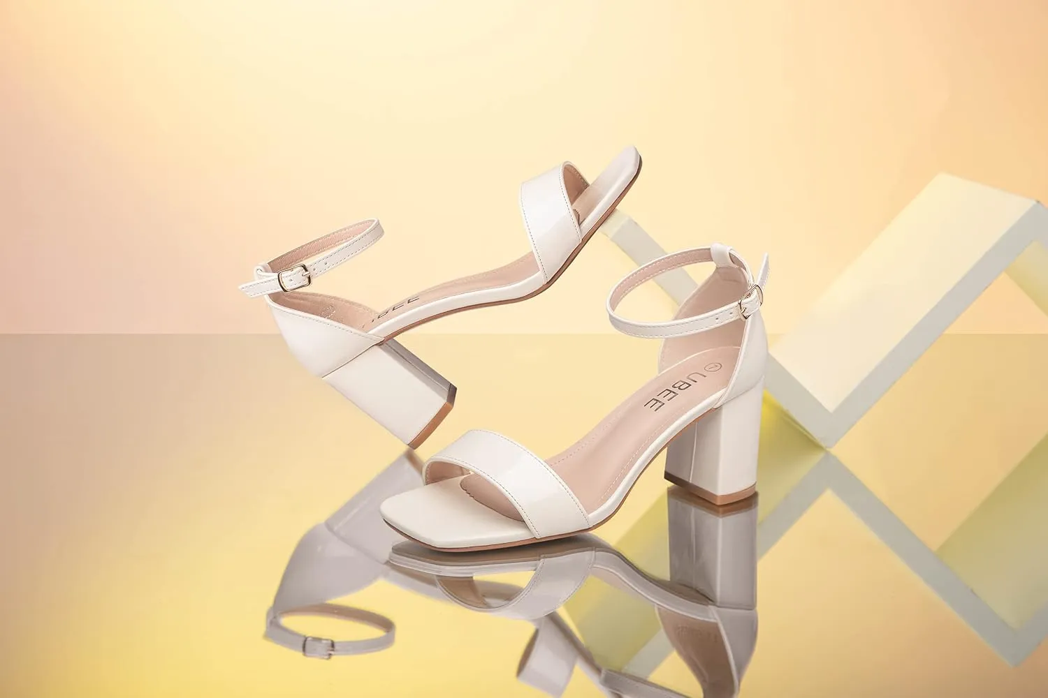 UBEE Nude High Heels Women's open toe ankle strap Thick heel Pump Sandals Party wedding Buckle Sandals
