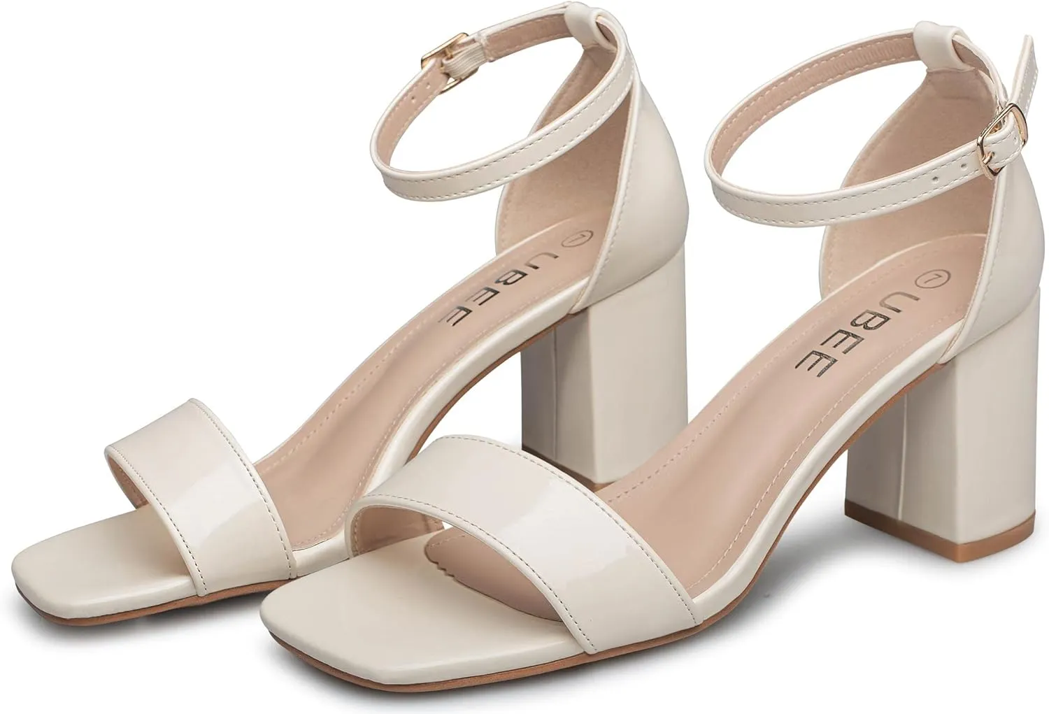 UBEE Nude High Heels Women's open toe ankle strap Thick heel Pump Sandals Party wedding Buckle Sandals