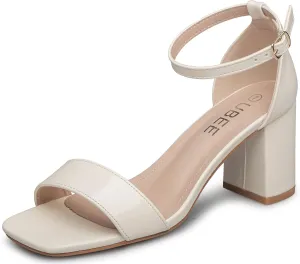UBEE Nude High Heels Women's open toe ankle strap Thick heel Pump Sandals Party wedding Buckle Sandals
