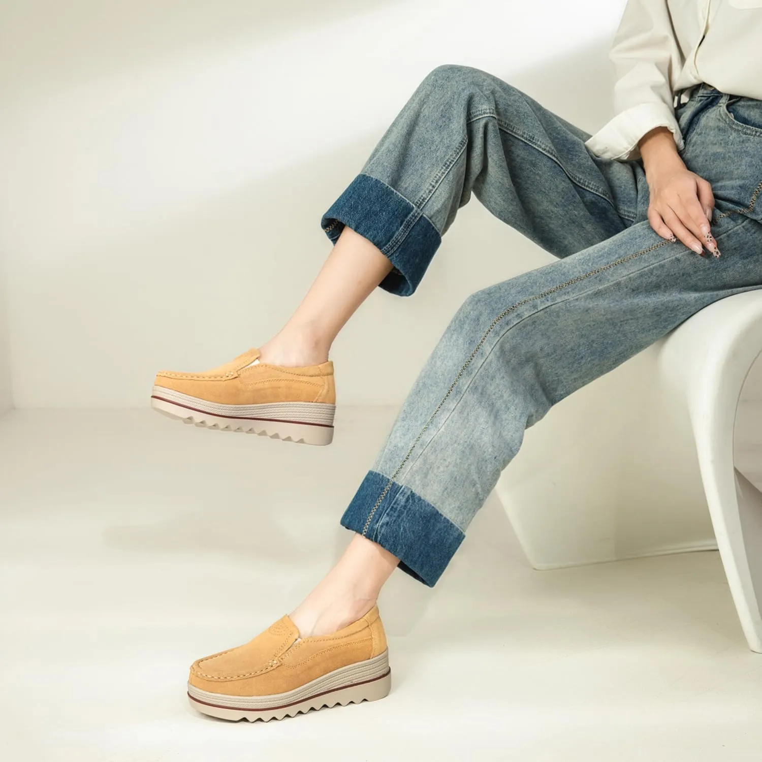 Veroders Women's Suede Wedge Loafers Slip-On Comfortable Penny Loafers Thick Soft Platform Shoes Business Work Walking