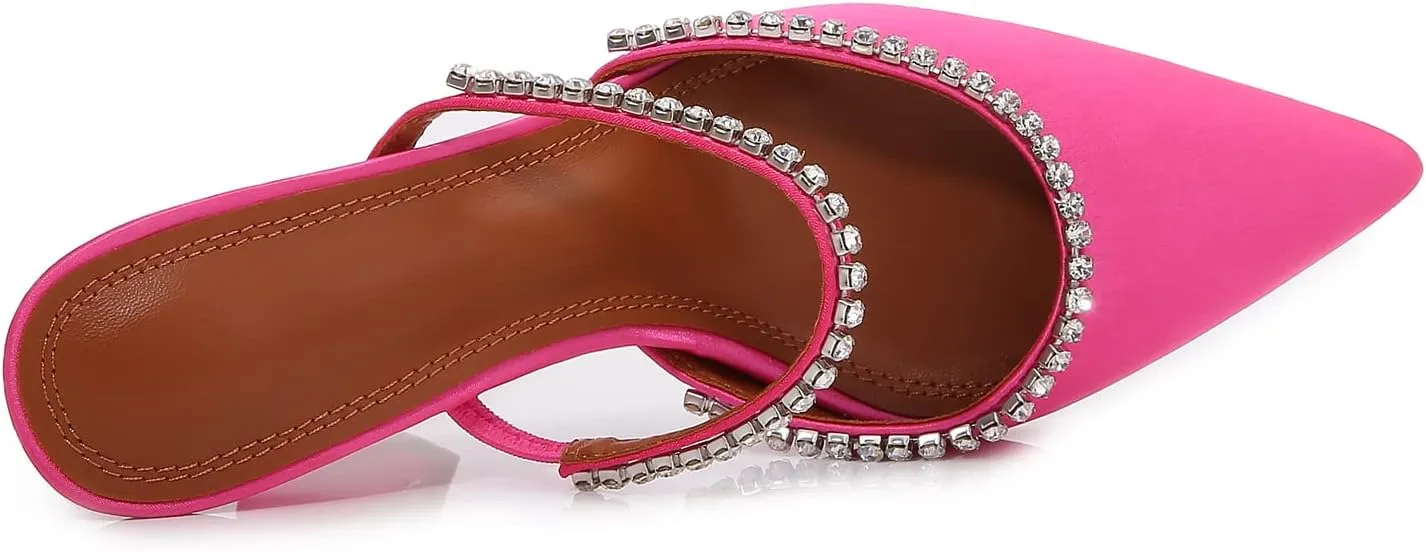 Vertundy Women's Mule Heels Rhinestones Strappy Stiletto Slide Pumps Slip On Sexy High Heels Sandals Closed Pointed Toe Backless Dressy Wedding Party Summer Shoes