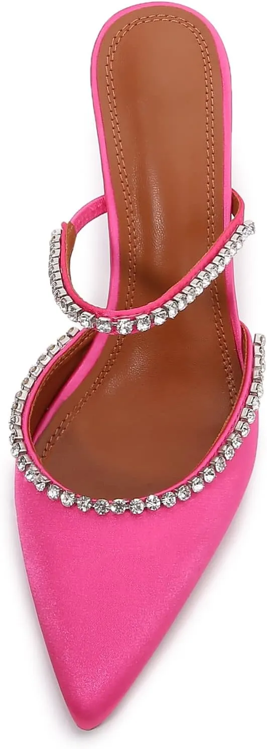 Vertundy Women's Mule Heels Rhinestones Strappy Stiletto Slide Pumps Slip On Sexy High Heels Sandals Closed Pointed Toe Backless Dressy Wedding Party Summer Shoes