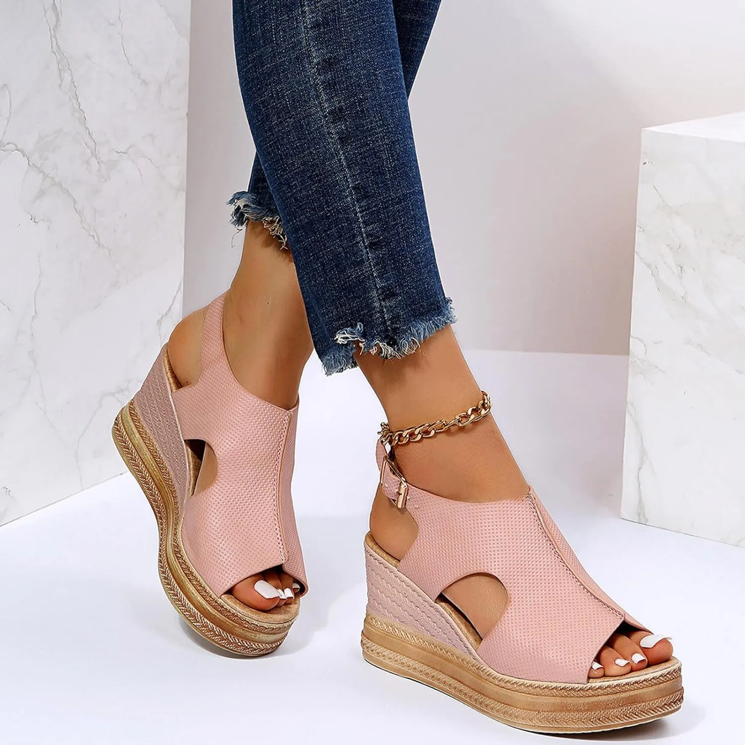 Wedge Sandals for Women Open Toe Buckle Strap Ankle Boots Vintage Hollow Out Platform Sandals Summer Casual Shoes