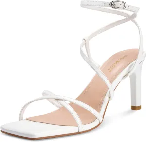 wetkiss Rude Heels for Women Strappy Heels Womens Heeled Sandals Ankle Strap Heel Nude High Heel Sandals Square Toe Open Toe Stiletto Summer Comfortable Prom Dressy Shoes