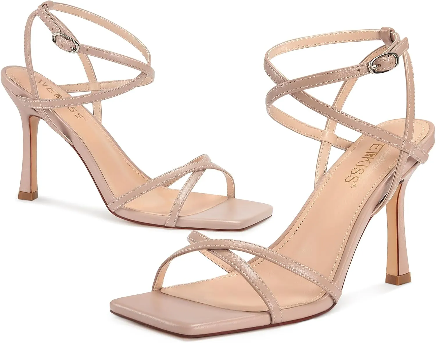 wetkiss Strappy Heels Women Stiletto High Heeled Sandals Adjustable Ankle Strap Square Open Toe For Homecoming Party Dress Wedding
