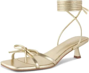 wetkiss Women's Lace up Bow Kitten Heeled Sandals Square Open Toe Heels Comfort Dress Wedding Party Shoes